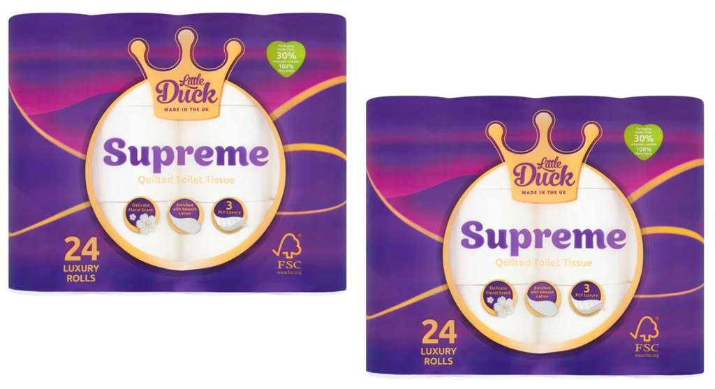 2 x Little Duck Supreme Quilted Toilet Tissue 24 Rolls 3 Ply (48 rolls total - £3.74 per pack of 24 rolls) - Clubcard Price (online only)