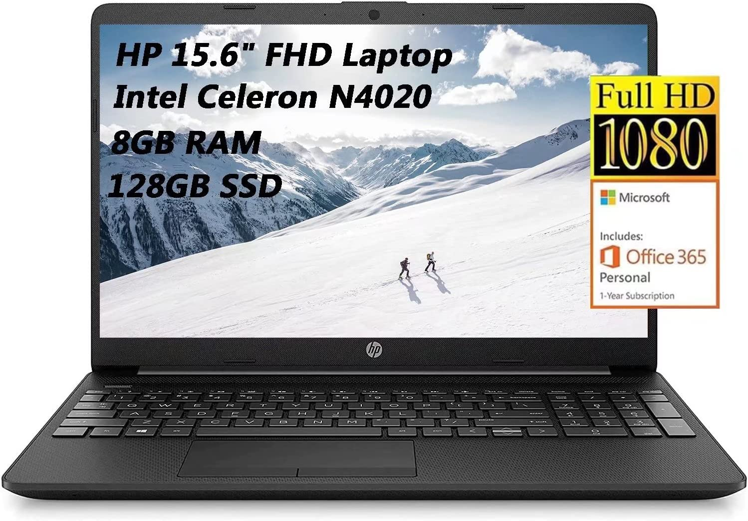 HP 15.6" FHD IPS Microedge Laptop, Intel Celeron N4020 up to 2.8 GHz, 8GB RAM, 128GB SSD, Bluetooth, USB-C, HDMI, Media Card Reader, Windows 10 S, 1 Year Office 365, ABYS wireless mouse